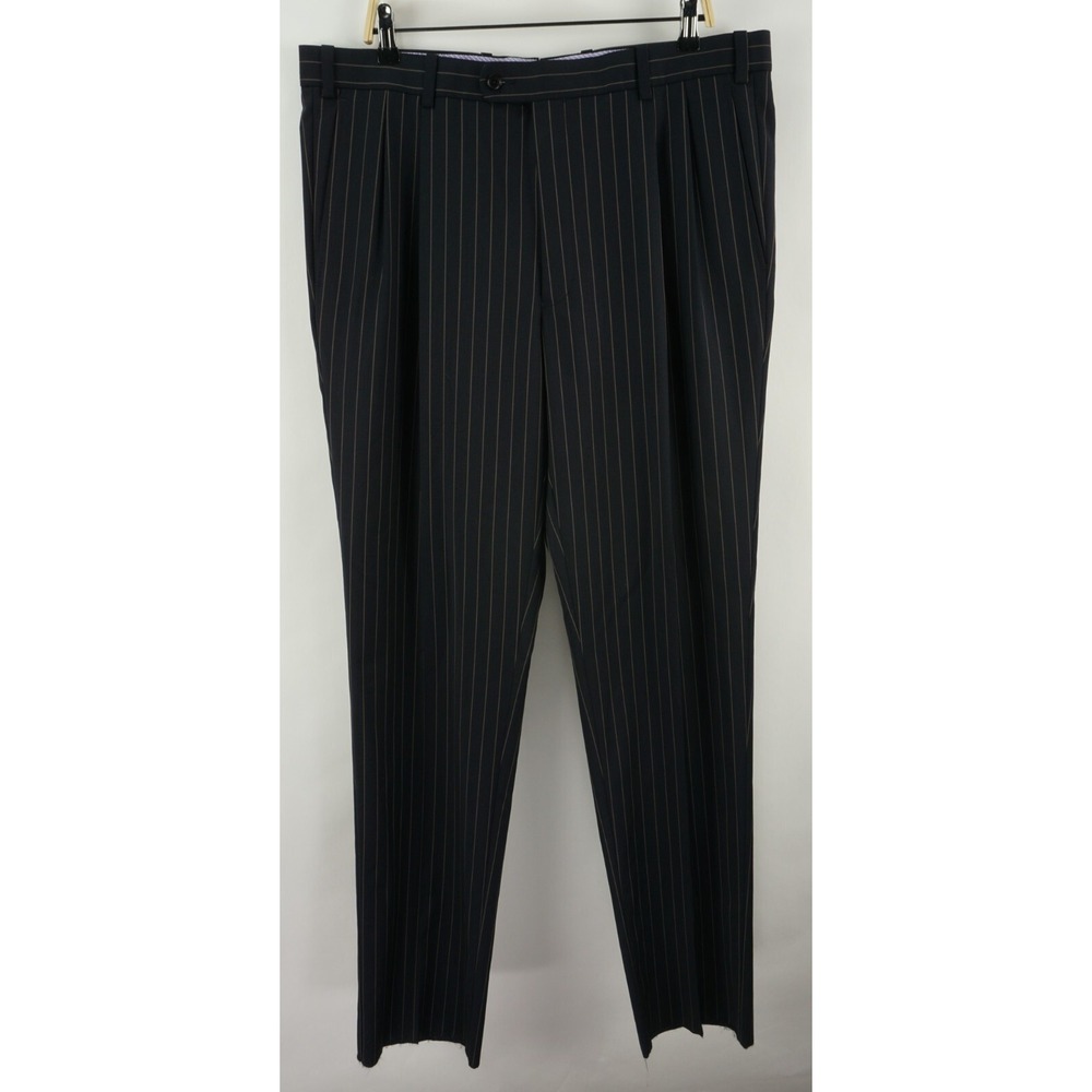 New Aristo 18 Aberdeen Men's 38 Unhemmed Navy Blue Tan Stripe Wool Dress Pants